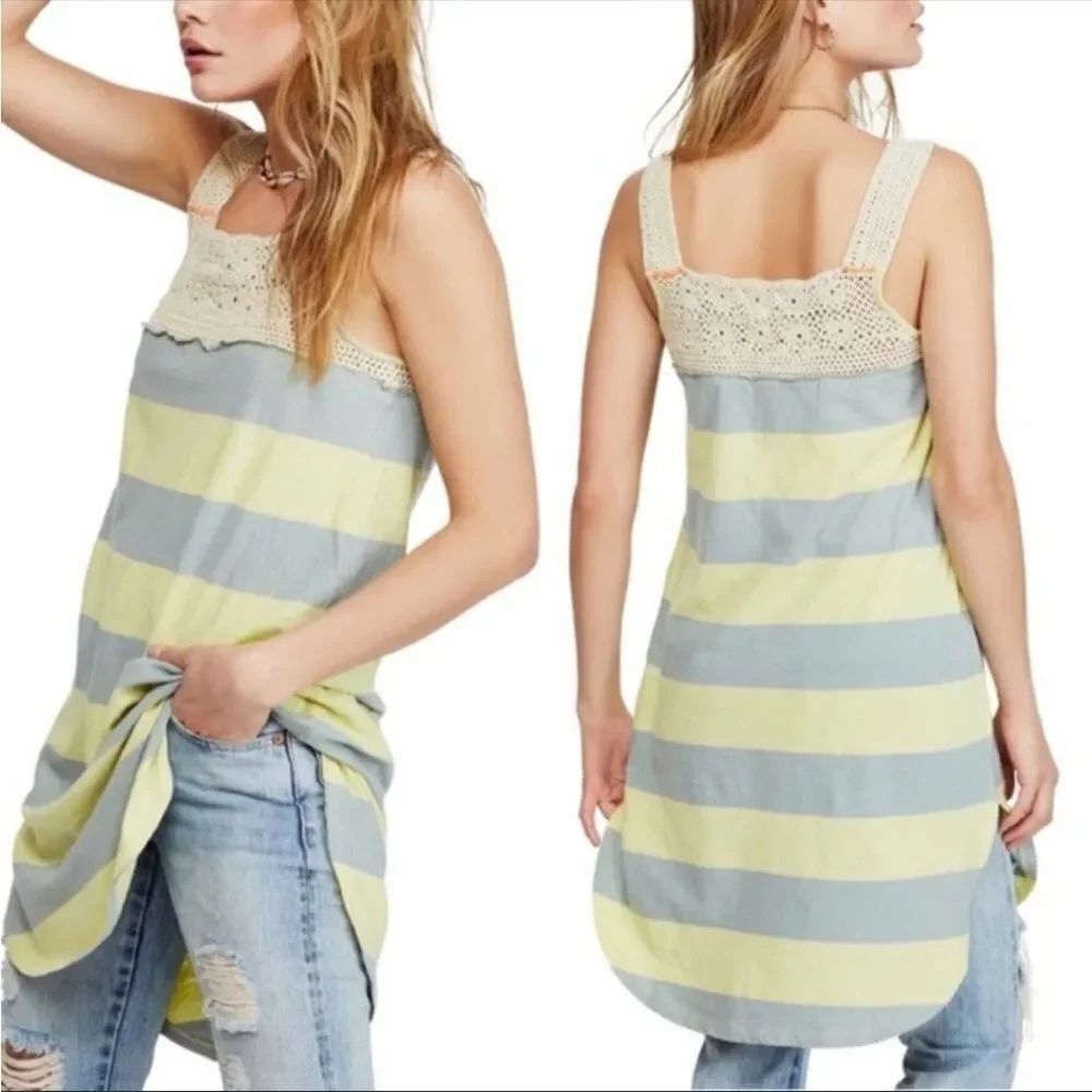 FREE PEOPLE | WE THE FREE Luca Crochet Striped Tunic Tank Yellow Women’s Size XS